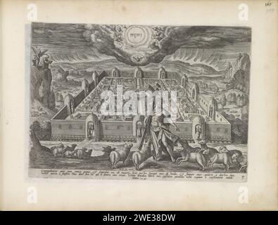 Christ comme bon berger pour la nouvelle Jérusalem, 1643 imprimer Christ comme bon berger. Il marche avec ses agneaux vers les portes de la nouvelle Jérusalem. La ville sainte a douze portes, gardées par douze anges. Dieu et le Saint-Esprit apparaissent dans les nuages, avec quelques anges. A gauche un ange qui montre Jean la nouvelle Jérusalem. Sous le spectacle une référence en latin au texte de la Bible en mat. 25:33. Ce tirage fait partie d'un album. Amsterdam gravure sur papier la Nouvelle Jérusalem. Un ange montre Jean le Nouveau Jérusalem (céleste) descendant du ciel ; parfois Christ est montré conduisant ses agneaux Banque D'Images