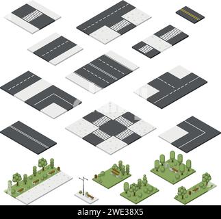 Éléments de rues de ville isométriques, conception de modules de route. Pelouses et parties de parc, carrefour. Zones publiques de ville isolées, constructeur de carte sans faille ensemble de vecteurs Illustration de Vecteur