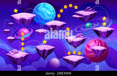 Carte de niveau d'espace. Jeu d'arcade 2D plate-forme volante dessin animé galaxie fond future astronomie jeux vidéo niveaux extraterrestre planète astéroïde, illustration vectorielle de jeu vidéo par ordinateur de l'espace ui niveau fantasy Illustration de Vecteur