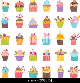 Muffins. Anniversaire cupcakes pâtisserie vecteur récent illustrations décoratives stylisées Illustration de Vecteur