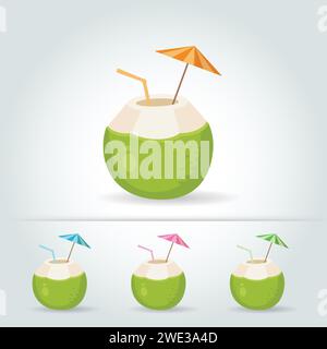 Ensemble de noix de coco fraîche à boire avec une paille, parapluie cocktail sur fond blanc illustration vectorielle Illustration de Vecteur