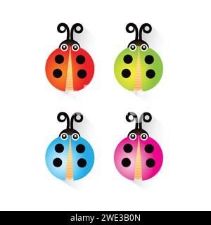 Ladybugs mignons personnages ensemble. Coccinelles insectes volant avec des ailes ouvertes et de grands yeux. Vecteur isolé sur blanc Illustration de Vecteur