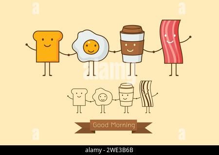 Meilleurs amis. Petit déjeuner. Bonjour. Ensemble d'icône de dessin animé mignon d'un café, des œufs, du jambon et du pain grillé. Illustration vectorielle. Illustration de Vecteur