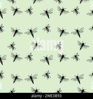 modèle sans couture avec des abeilles. motif sur un fond vert insectes, abeilles noires et mouches. Impression pour enfants pour vêtements et textiles, pour l'impression. Banque D'Images