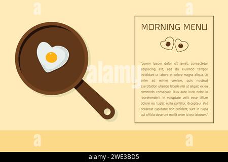 Menu du matin de conception plate minimale avec oeuf en forme de coeur sur la casserole sur fond jaune illustration vectorielle. Illustration de Vecteur