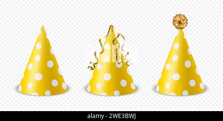 Vector 3d réaliste jaune et blanc ensemble d'icônes de chapeau de fête d'anniversaire isolé. Modèle de conception de chapeau de fête pour bannière de fête, carte de voeux. Chapeaux de vacances Illustration de Vecteur