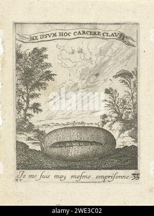 Paysage avec cocon, Albert Flamen, 1672 Imprimer Un paysage avec une chenille dans un cocon au premier plan. Sur une banderole une devise en latin et une légende en français, toutes deux sur l'amour. Imprimeur : Parispublisher : ParisFrance papier gravure qualités de l'amour : première série (+ représentation symbolique du concept) Banque D'Images