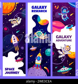 Enfants astronautes dans l'espace. Extraterrestres, OVNI et planètes spatiales de galaxie sur fond de vecteur de ciel étoilé. Personnages d'explorateurs de galaxie de dessin animé, fusées, soucoupes volantes et comètes, recherche de l'univers Illustration de Vecteur