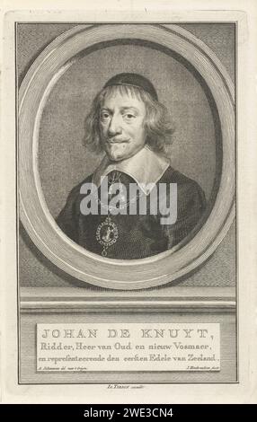 Portrait de Johan de Knuyt, Jacob Houbraken, d'après Aert Schouman, buste imprimé en 1760 à gauche de Johan de Knuyt dans un ovale. Le portrait repose sur un socle sur lequel son nom et ses données sont en trois lignes en néerlandais. Amsterdam gravure / gravure sur papier Banque D'Images