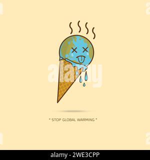 Earth Cream Cone Save the Planet Poster concept. Arrêtez le réchauffement climatique. Personnage de dessin animé de planète terre sur fond jaune illustration vectorielle. Illustration de Vecteur