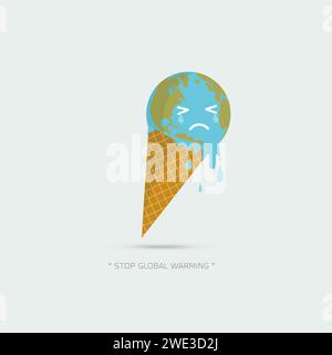 Earth Cream Cone Save the Planet Poster concept. Arrêtez le réchauffement climatique. Personnage de dessin animé de planète terre sur fond blanc illustration vectorielle. Illustration de Vecteur