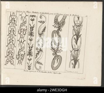 Motifs de feuilles et travail de tresse, Jean Baptiste Echantillon, 1785 imprime six bandes verticales de broderies avec motifs de feuilles et tresse. Broderie gravure sur papier Lyon (ornementation) Banque D'Images