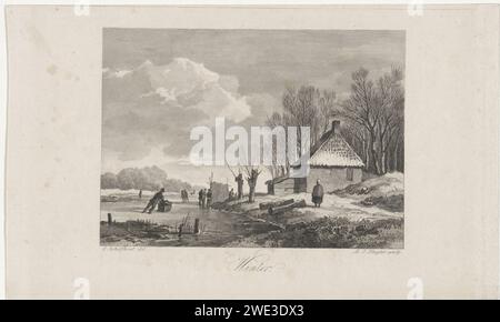 Paysage d'hiver avec ferme, Dirk Jurriaan Sluyter, d'après Andreas Schelfhout, 1826 - 1886 imprimer Une femme marche le long des rives d'une rivière gelée jusqu'à une ferme. Sur la glace un homme avec un traîneau de poussée et des gens de patinage. En arrière-plan un cake et zopie stalle. Amsterdam papier gravure paysage d'hiver ; paysage symbolisant l'hiver (les quatre saisons de l'année). stand, stand ( marché) Banque D'Images