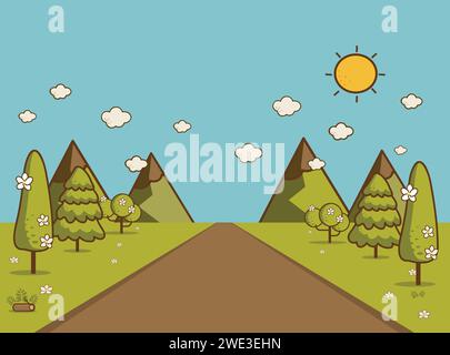 Route dans la vallée verdoyante, montagnes, collines, nuages et soleil sur le ciel. Illustration de style plat de printemps ou d'été nature.Paysage fond Vector illu Illustration de Vecteur