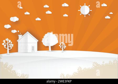 maison de paysage minimaliste sur la colline avec arbre, soleil, fond de paysage de nuage, illustration vectorielle de style art de papier. Illustration de Vecteur