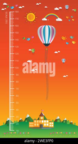 taille enfant mètre. Montgolfière, nuages et oiseaux, mètre de 10 à 180 centimètres, illustrations vectorielles Illustration de Vecteur