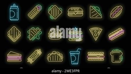 Ensemble d'icônes de la barre des sandwichs. Ensemble de contours des icônes vectorielles de la barre des sandwichs couleur néon sur noir Illustration de Vecteur