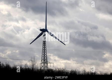 Ein Windrad und Strommasten BEI den Industrieanlagen von Shell Energy à Wesseling BEI Köln. Die Umgebung ist geprägt von Stromleitungen und Industrieschloten. Themenbild, Symbolbild. Wesseling, 22.01.2024 NRW Deutschland *** Une éolienne et des pylônes électriques dans les installations industrielles de Shell Energys à Wesseling près de Cologne les environs sont caractérisés par des lignes électriques et des cheminées industrielles image thématique, image symbolique Wesseling, 22 01 2024 NRW Allemagne Copyright : xChristophxHardtx Banque D'Images