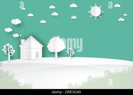maison de paysage minimaliste sur la colline avec arbre, soleil, fond de paysage de nuage, illustration vectorielle de style art de papier. Illustration de Vecteur