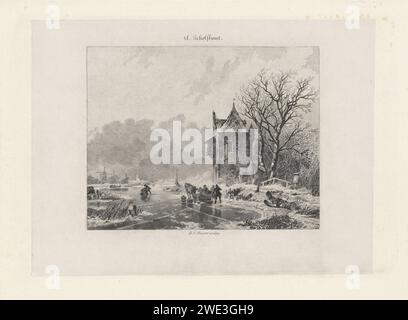 Paysage d'hiver, Dirk Jurriaan Sluyter, d'après Andreas Schelfhout, 1821 - 1886 impression sur une vitesse gelée est un cheval avec traîneau, dans lequel deux femmes et un enfant planche. Un homme regarde. Plus loin, un homme patine avec un traîneau qu'il pousse. Sur la rive est une maison haute et étroite avec tourelles. En arrière-plan un moulin et une tour. Journal d'Amsterdam. gravure hiver  activités humaines (les quatre saisons de l'année) Banque D'Images