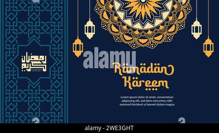 Ramadan Kareem carte de voeux ou modèle d'affiche avec mandala et calligraphie. Illustration vectorielle Illustration de Vecteur