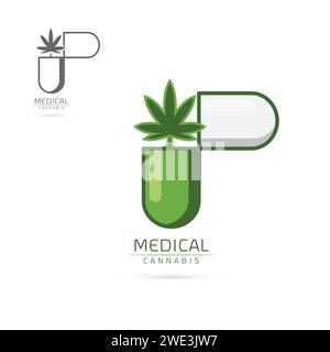 cannabis médical dans des emblèmes de capsule verte, étiquette, modèle vectoriel de logo Illustration de Vecteur