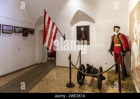 MUKACHEVO, UKRAINE - MARTH 5, 2023 : Ceci est un mannequin sous la forme d'un hussar hongrois du 18e siècle à un canon dans la salle de la muse historique Banque D'Images