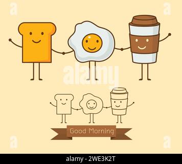 Meilleurs amis. Petit déjeuner. Bonjour. Ensemble d'icône de dessin animé mignon d'un café, des œufs et des toasts. Illustration vectorielle. Illustration de Vecteur