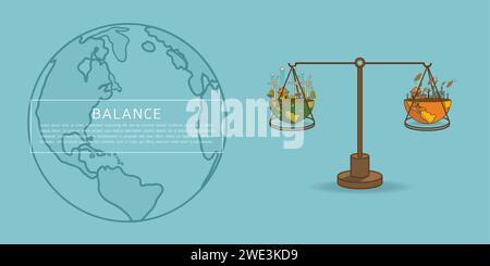 Les différents de l'usine de paysage environnemental et de la forêt, la terre verte-écologie concept d'information verte avec le monde globe sur une échelle . Balance co Illustration de Vecteur