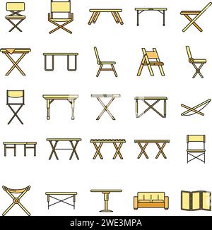 Jeu d'icônes de meubles pliants pique-nique. Contour ensemble d'icônes vectorielles de meubles pliants de pique-nique couleur de ligne mince à plat sur blanc Illustration de Vecteur