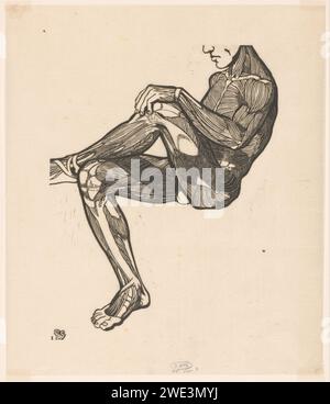 Etude anatomique des muscles des jambes et des bras d'un homme, Reijer Stolk, 1906 - 1945 imprimer homme assis, reposant sur son genou gauche avec son ciel d'aile droite. Pays-Bas papier japonais (papier fait main) modèle anatomique des muscles, muscle-man, 'Ã©corchÃ©' Banque D'Images