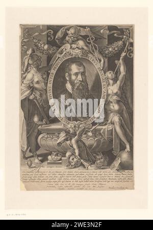 Portret van Pieter Brueghel de Jonge, Giles Sadeler (2), d'après Bartholomew Spranger, 1606 estampe Pieter Brueghel de Jonge (1564/65-1637/38), peintre, fils de Pieter Brueghel de Oude. Portrait à longue barbe en liste ovale, reposant sur une tombe, entouré de figures allégoriques : Minerve, Fama et Mercure. Sous le portrait un amor avec un tissu sur la tête en position pliée, gardant une torche à l'envers, dans un crâne. Aux pieds de Fama se trouvent les attributs de la peinture (palette) et des pinceaux). Chez Minerva passer et Winkelhaak. gravure sur papier Banque D'Images