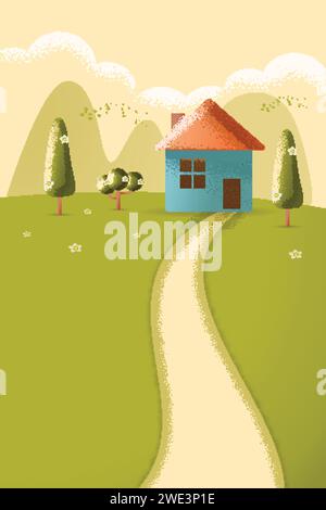 Green landscape. Freehand drawn cartoon outdoors style. Farm houses, country winding road on meadows, fields. Rural community. Sunny day, blue sky, hi Stock Vector