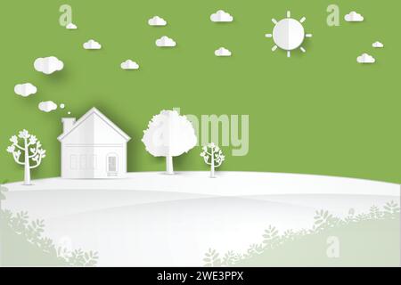 maison de paysage minimaliste sur la colline avec arbre, soleil, fond de paysage de nuage, illustration vectorielle de style art de papier. Illustration de Vecteur