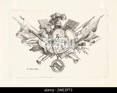 Attributs de la science et des arts, Bernard Picart (atelier de), 1683 - 1733 imprimer attributs de la science, tels que Globe and passer. En outre, les attributs des arts, comme un violon, partition et palette de peinture. Amsterdam paper gravure / gravure attributs de Minerva Banque D'Images