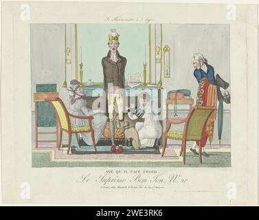 Le bon ton suprême, le thermomètre à 8 degrés, 1800-1815, non 20 : oui qu'il fait froid., Anonyme, 1800 - 1815 Une entreprise se réchauffe près d'une cheminée. Un homme se tient dos au feu et a levé un pied. A côté de lui se trouve une femme plus âgée, une fille agenouillée et un chien. Un serviteur les regarde en souriant alors qu'il a quelques vêtements dans ses mains. Selon le thermomètre (et la légende) il fait très froid au départ. Tirage à partir d'une série de 30 imprimés de mode, le Suprême bon ton, Paris, 1800-1815. Imprimeur : Francepublisher : Paris gravure papier assiettes mode. réchauffez-les Banque D'Images