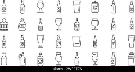 Les icônes de cidre de pomme définissent le vecteur de contour. Boisson aux fruits éclaboussée. Orchard tranche la nourriture Illustration de Vecteur