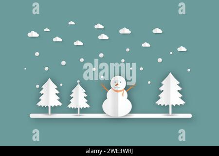 Nature, papier coupé et paysage d'hiver artisanal avec arbres de Noël, bonhomme de neige, dérives de neige. Carte de bonne année sur illustration vectorielle de fond bleu Illustration de Vecteur