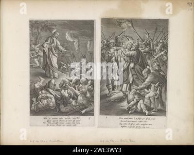 Les soldats qui entourent le Christ tombent au sol, 1643 imprimer le Christ se fait connaître dans le Hof de Getsémane. Judas, son traître, et les soldats brillent en arrière et tombent au sol. En arrière-plan, Simon Pierre tire son épée pour tourner l'oreille droite de Malchus. Sous le spectacle, un verset de quatre lignes en latin. En bas à droite, la lettre : c. ce tirage fait partie d'un album. Amsterdam gravure sur papier Christ se fait connaître ; les soldats tombent à terre  le baiser de Judas. Pierre tire son épée et coupe l'oreille de Malchus Banque D'Images
