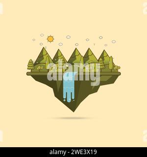 Illustration paysage. Rivière de montagne, cascade, montagnes, collines et nuages. Vecteur de conception plat Illustration de Vecteur