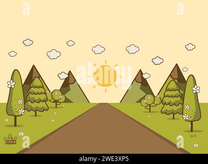 Route dans la vallée verdoyante, montagnes, collines, nuages et soleil sur le ciel. Illustration de style plat de printemps ou d'été nature.Paysage fond Vector illu Illustration de Vecteur