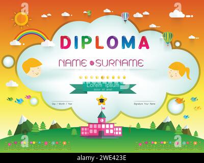 Certificat diplôme d'enfants, modèle de maternelle conception de cadre d'arrière-plan illustration vectorielle. École primaire préscolaire Kids Diploma certifica Illustration de Vecteur