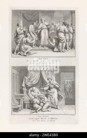 Jozef connaît bien ses frères / Jacob bénissant Manasse et Ephraim, Pieter Tanjé, 1791 imprimer deux représentations bibliques. A l'étage : Joseph se fait connaître, en tant que vicérite de l'Egypte, à ses frères qui ne l'ont pas reconnu. Sous : Jakob bénit les fils de Joseph Manasse et Ephraim de son lit et pose leurs mains sur eux les bras croisés. Joseph est là. Parmi les performances, une référence aux textes bibliques et aux titres en néerlandais et en français. Amsterdam gravure sur papier Joseph révèle son identité et pardonne en larmes les méfaits passés de ses frères. Jacob bénit Manassé et Ephra Banque D'Images