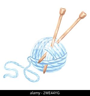 Aiguilles à tricoter aquarelle en enchevêtrement de fils bleus. Modèle illustration crochet à tricoter et aiguilles. Illustration isolée dessinée à la main pour c Banque D'Images
