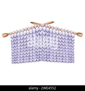 Échantillon de tissu tricoté violet sur une aiguille à tricoter. Illustration de modèle d'aquarelle pour le passe-temps de tricot de laine. Illustration isolée dessinée à la main pour pos Banque D'Images