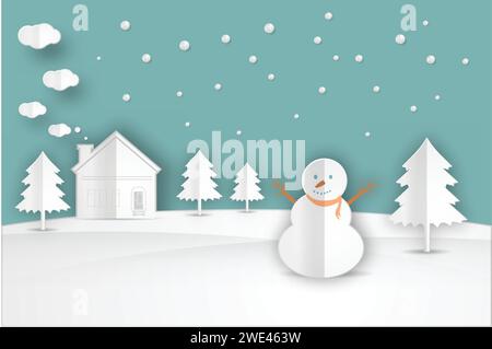 Nature, papier coupé et paysage d'hiver artisanal avec arbres de Noël, bonhomme de neige, dérives de neige. Carte de bonne année sur illustration vectorielle de fond bleu Illustration de Vecteur