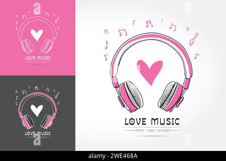 Design plat fin linéaire moderne. L'image stylisée de casque avec coeur. Modèle de logo de festival de musique pour couvertures, logo, affiches, invitations sur WHI Illustration de Vecteur