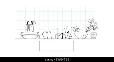 Un évier de cuisine avec un robinet plein de vaisselle sale, assiettes et bols en désordre. Intérieur linéaire de gros plan avec mur de carreaux et évier. . Illustration vectorielle Illustration de Vecteur