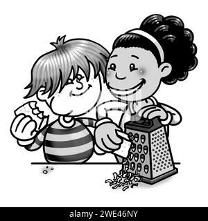 Illustration d'art noir et blanc, enfants cuisinant ensemble, fille noire, garçon blanc, en utilisant une râpe, râper du fromage, manger du fromage, activités éducatives Banque D'Images