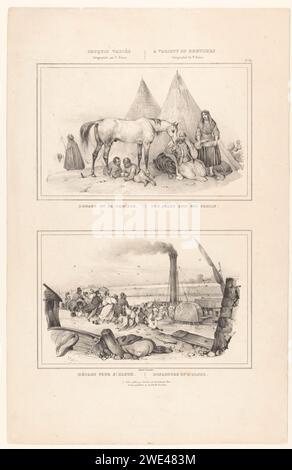 Deux représentations avec un arabe et sa famille et le départ du bateau à vapeur 'Saint-Cloud', Victor Adam, 1832 impriment un arabe avec ses tentes avec sa femme, deux enfants et un cheval. Cela inclut une performance avec un groupe de citoyens qui se déplacent les uns les autres pour monter à bord du bateau à vapeur 'Saint-Cloud'. Imprimeur : Parisprinter : Parispublisher : Parispublisher : London Paper Horse. parents (relations familiales au premier degré). bateau à vapeur, bateau à moteur Banque D'Images